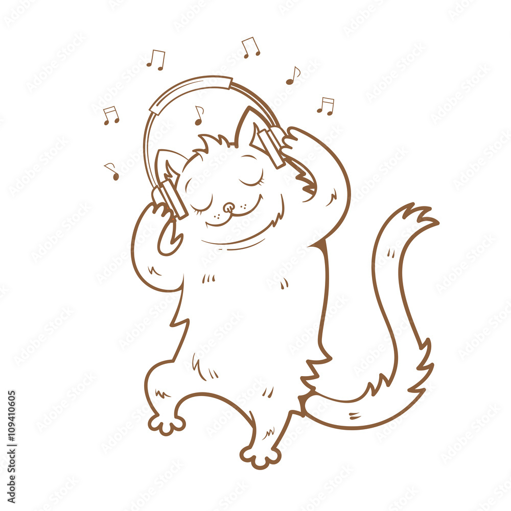 Card with cute cartoon cat listening to music on headphones. Melody and  notes. Children's illustration. Vector image. Transparent background.  Contour image. Stock Vector | Adobe Stock