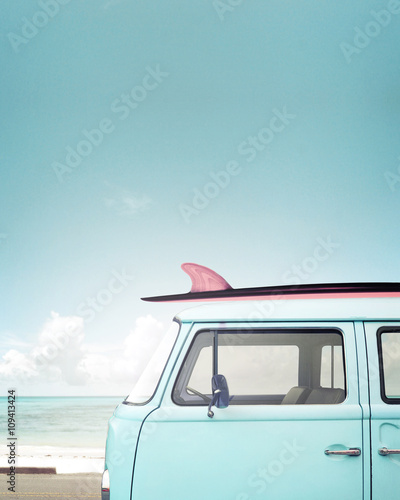 Photography Vintage car parked on the tropical beach (seaside) with a surfboard on the roof