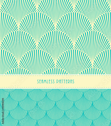 2 feathers or fish scales Japanese style seamless patterns, in ivory and blue