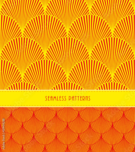 2 feathers or fish scales Japanese style seamless patterns, in yellow and red
