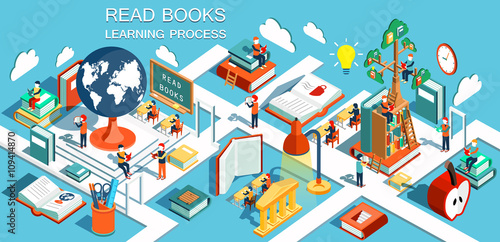 The process of education, the concept of learning and reading books in the library and in the classroom. Online education Isometric flat design illustration