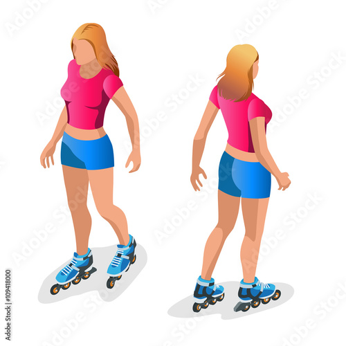Roller Skating girl. Full length portrait a smiling girl on rollers skating isolated on white background. Flat 3d vector isometric illustration.