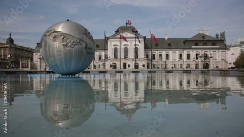 Presidential palace in Bratislava, Slovakia reflected in  water of fountain
