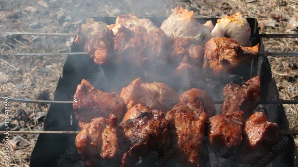 Meat Roasted on Skewers. Meat on skewers roasted over the coals. Delicious meat prepared on a spit over hot coals. Kitchen outdoors
Meat Roasted on Skewers. Meat on skewers roasted over the coals. Delicious meat prepared on a spit over hot coals. Kitchen outdoors