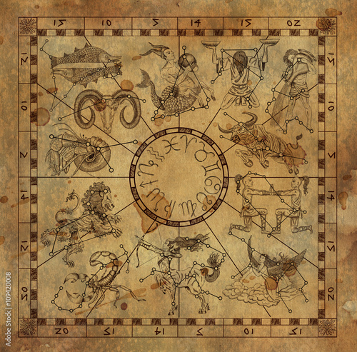 Wallpaper Mural Collage with zodiac symbols and constellations on paper background Torontodigital.ca