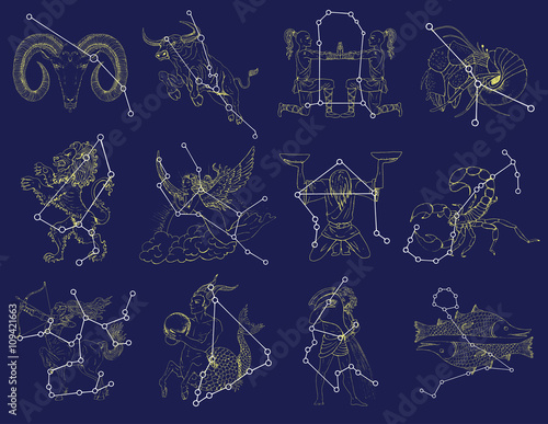 Collection with Zodiac symbols and constellations on blue