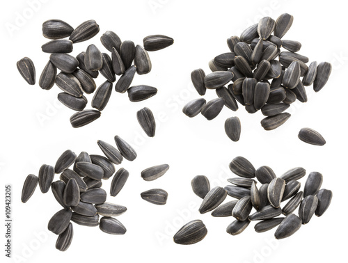 Closeup of black sunflower seeds isolated on white background. Pile of sunflower seeds.