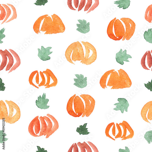 Seamless pattern with  ripe and green pumpkins and leaves in watercolors.