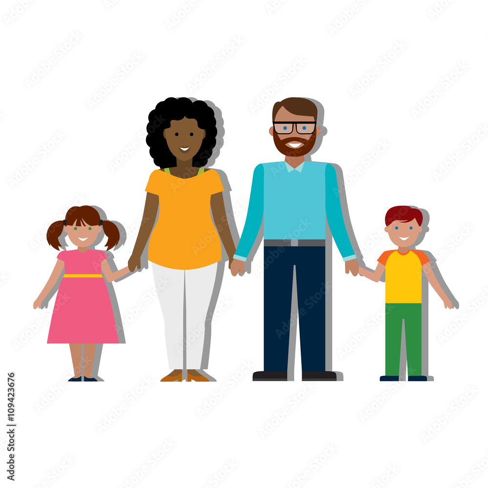 Multicultural traditional family with parents and children. Happy family. Boy and girl. African american mother. Bearded dad. 
