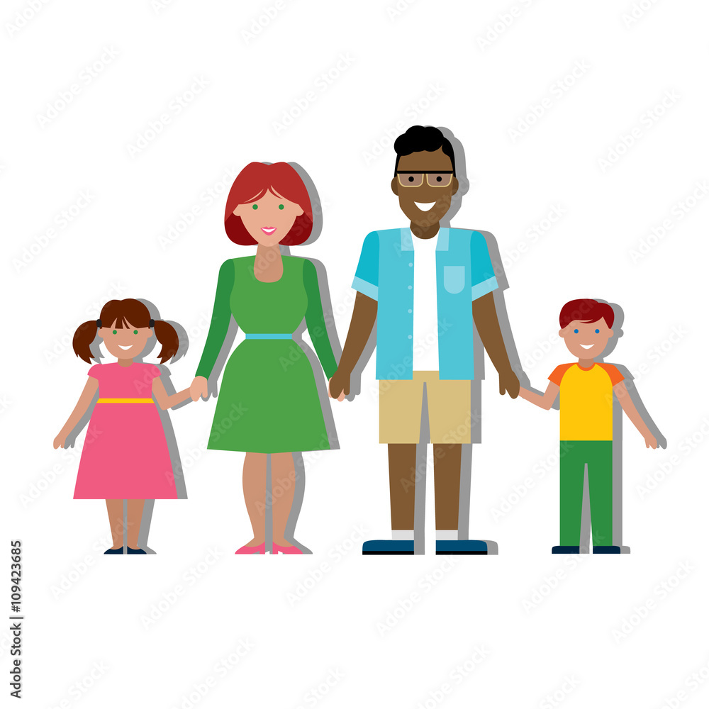 Multicultural traditional family with parents and children. Happy family. Boy and girl. African american father. Smiling family