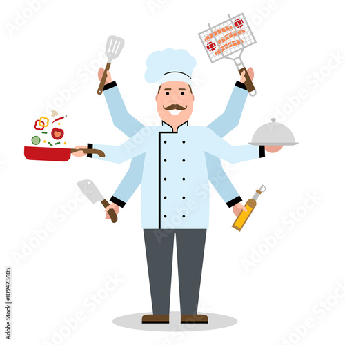 Multitasking chef with six hands standing on white background and holding a meal, knife, paddle, pan with vegetabes, oil and barbeque. Successful cook. Restaurant chef. Skillful and talented