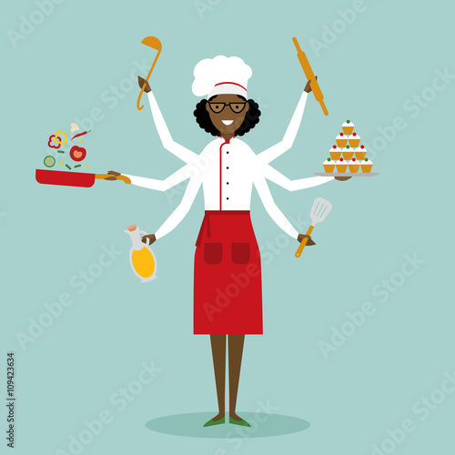 Multitasking female african american chef with six hands standing on white background and holding a  cake, ladle, paddle, pan with vegetabes, oil and rolling pin. Successful cook. Restaurant chef. 