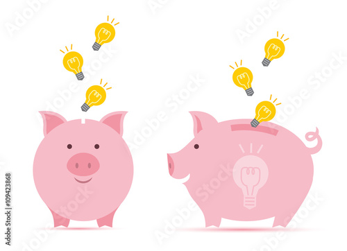 Pink piggy bank with falling idea bulb in two perspectives. Symbol of idea saving. Talent and success. Save creativity and time.