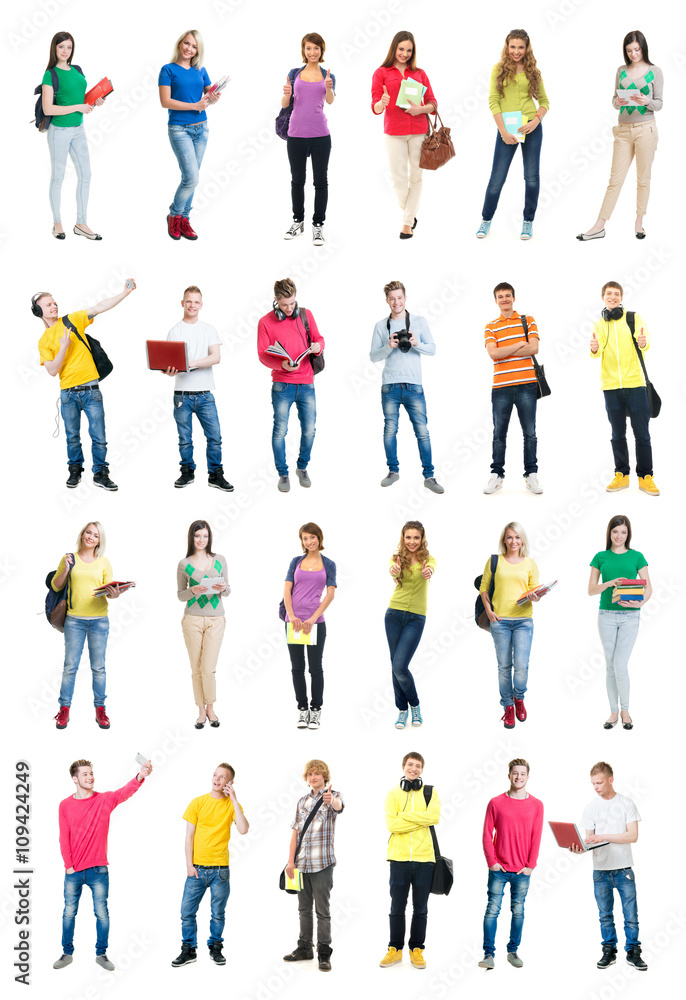 Fototapeta premium Set of students having fun on isolated background