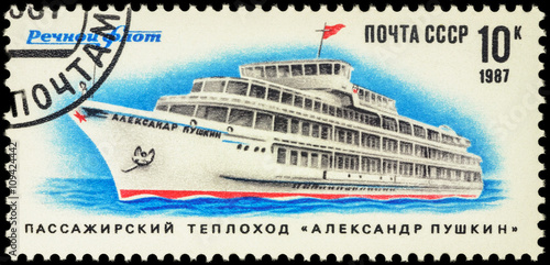 Russian passenger ship Aleksandr Pushkin on postage stamp