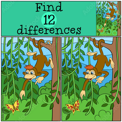 Children games  Find differences. Little cute monkey hangs on the tree and looks at the butterfly.