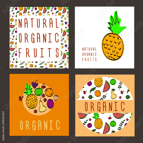 set of posters of organic fruits with doodle hand-drown scetch