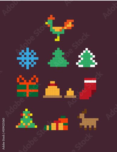 set of pixel art for christmas and new year vector and raster