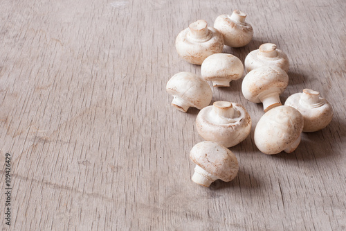 White raw champignons closeup on a wooden background. Group of fresh mushrooms on a wooden table.