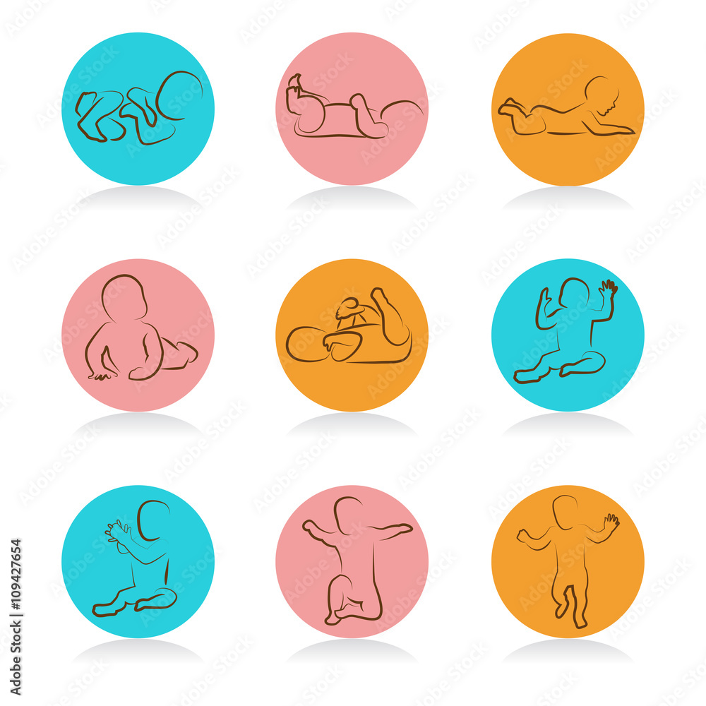 baby development icon, child growth stages. toddler milestones of first ...