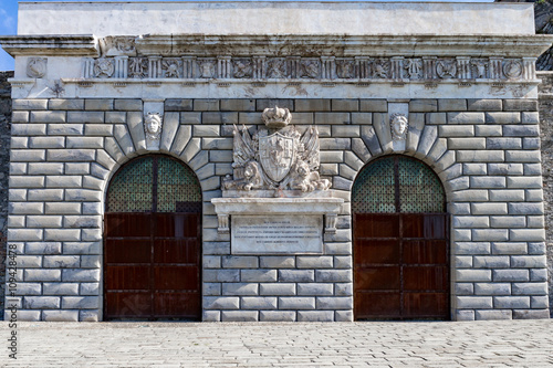 "Porta Nuova" ancient gate of the "Lanterna" lighthouse Genoa, Ita
