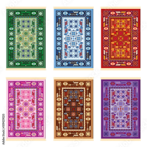 Carpets - oriental pattern - six color variations - green, blue, red, pink, brown and purple. Isolated vector illustration on white background.