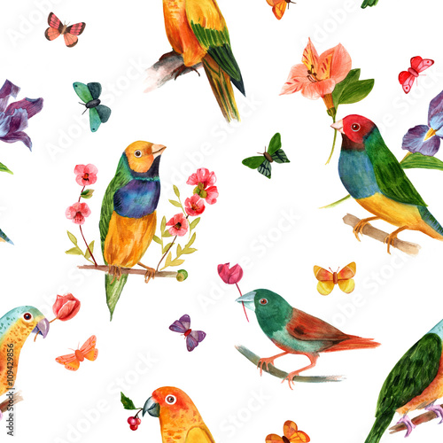 Canvas Print Seamless background pattern with watercolor birds and butterflies