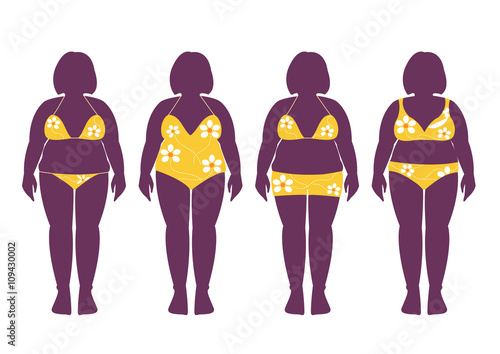Collection of silhouettes of fat woman in bathing suits ,Vector illustrations