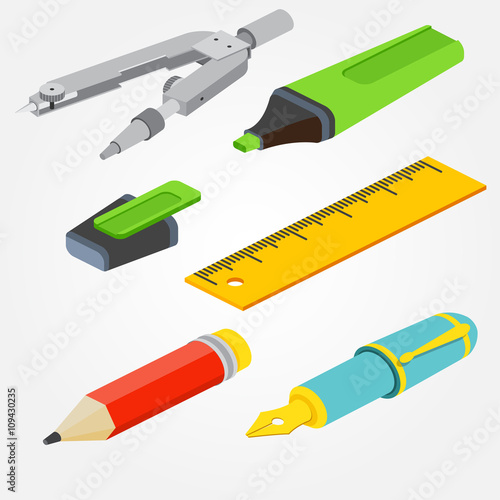 Isometric pair of compasses, fountain pen, pencil, ruler and mar