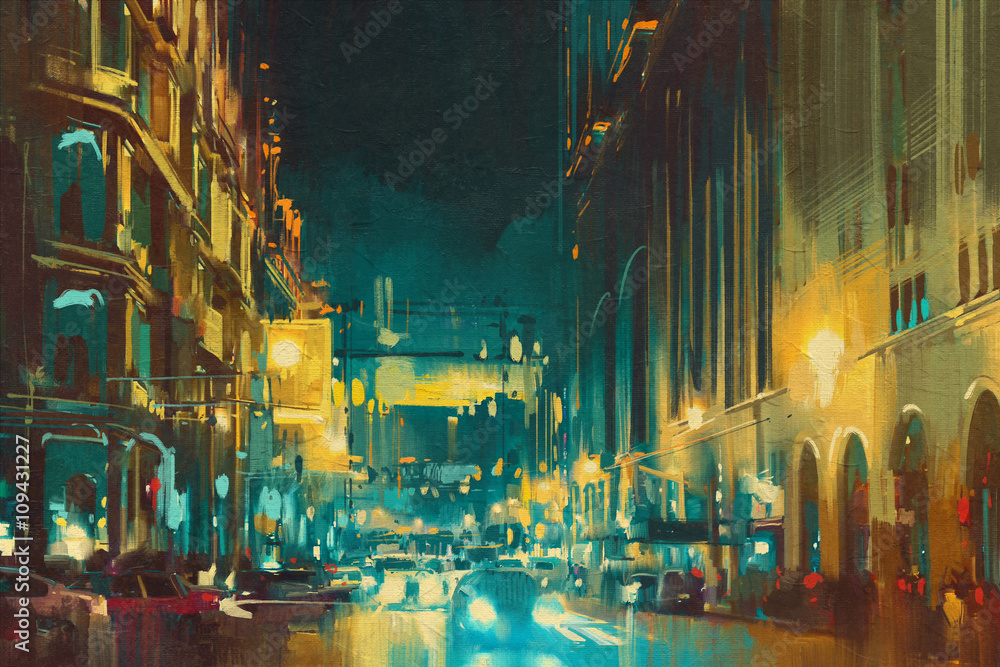 Naklejka kolorowe światło miasta z zabytkowymi budynkami, malowanie ilustracji