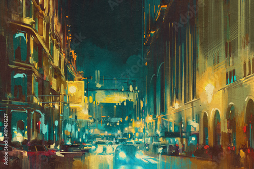 colorful light of city with historical buildings,illustration painting © grandfailure
