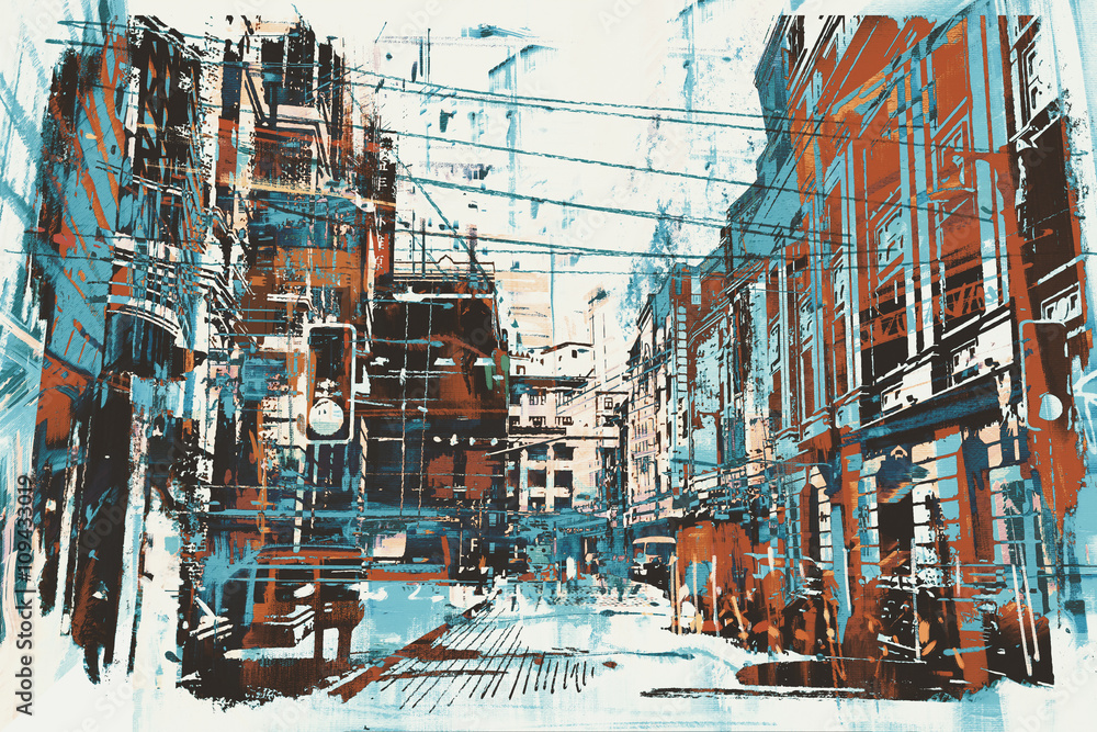Fototapeta ilustracja malarstwo miejskich ulic z grunge tekstur
