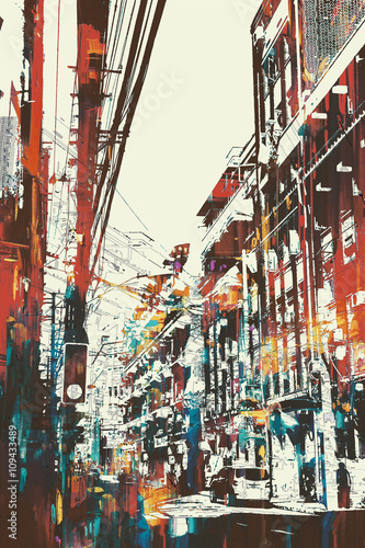 illustration painting of urban street with grunge texture