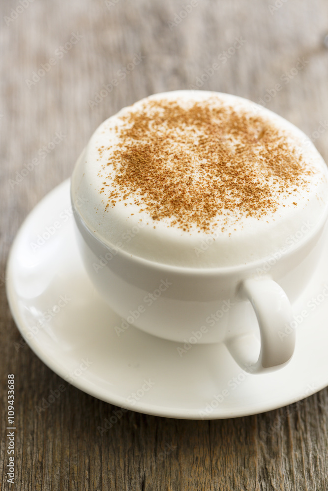 Obraz premium Cappuccino in white cup with cinnamon