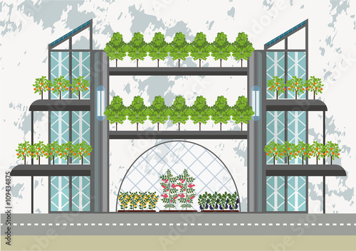 Illustration of the modern building with the trees and solar panels on the roof, as an example of urban gardening and combination of architecture with nature