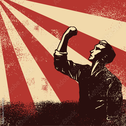 Revolution Poster, worker raising fists on sunbeam backgound, vector