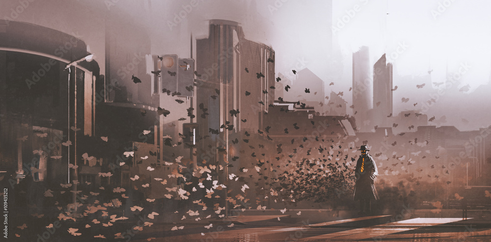 Fototapeta premium mystery man with crowd of butterflies in city,illustration painting