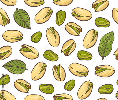Roasted pistachio seed with shell. Seamless pattern. Hand drawn sketch. Vector illustration.