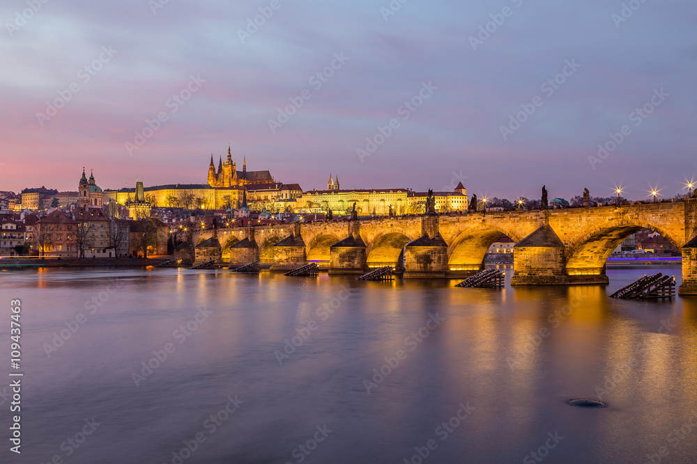 Charles Bridge and Prague Castle at Sunset