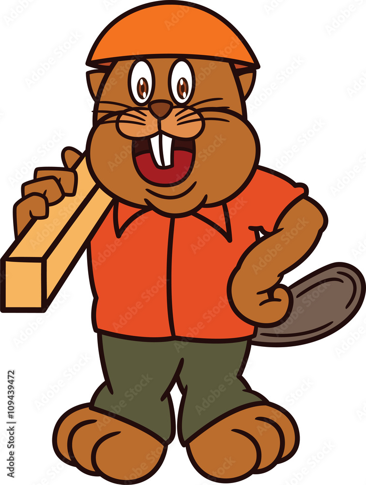 Beaver Construction Worker with Wood Beam Cartoon Illustration Stock Vector  | Adobe Stock