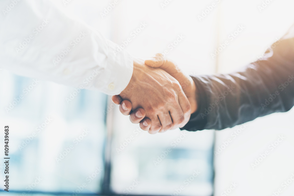 Business partnership meeting. Picture businessmans handshake. Successful businessmen handshaking after good deal. Horizontal, blurred background - obrazy, fototapety, plakaty 