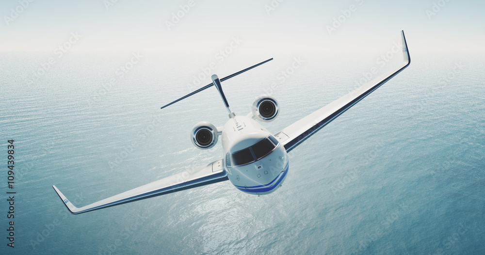 Image of white luxury generic design private jet flying over the empty sea. Blue sky at background. Luxury travel concept. Horizontal . 3d rendering Image of white luxury generic design private jet flying over the empty sea. Blue sky at background. Luxury travel concept. Horizontal . 3d rendering