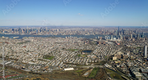 Aerial view of the New York City skyline with New Jersey in the foreground