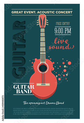 Acoustic guitar concert flyer template. Retro typographical vector poster. Flat style design.