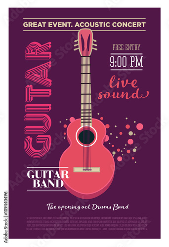 Acoustic guitar concert flyer template. Retro typographical vector poster. Flat style design.
