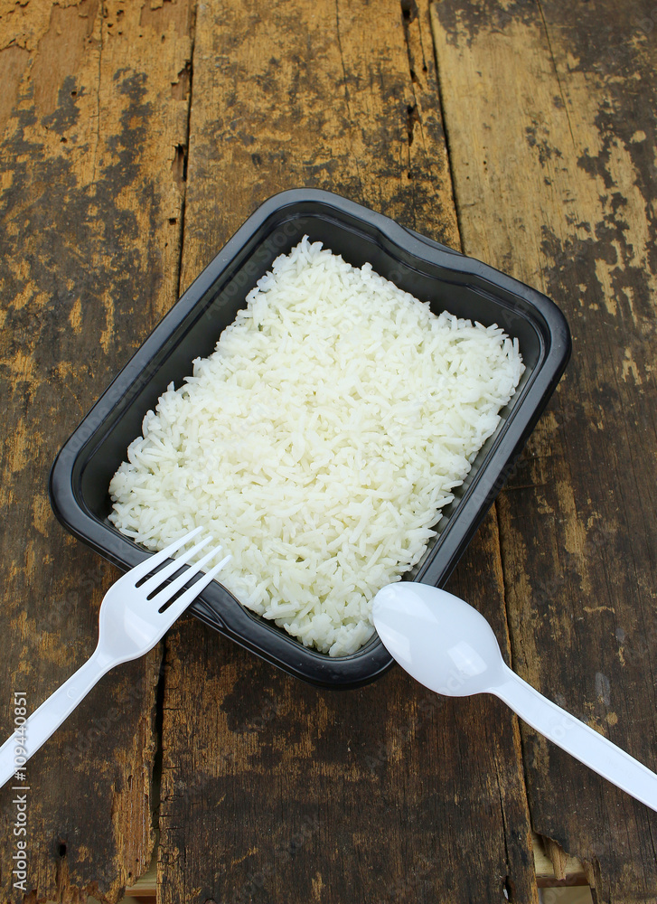 Takeaway cooked rice in a meal box Takeaway cooked rice in a meal box