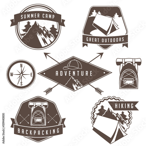 Vintage camping and hiking badge and emblem collection. EPS 10 vector.