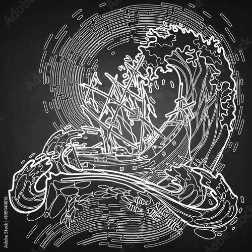 Ancient sunken ship during a storm 