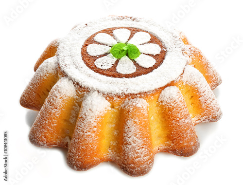 Delicious citrus cake with powdered sugar. on white background
