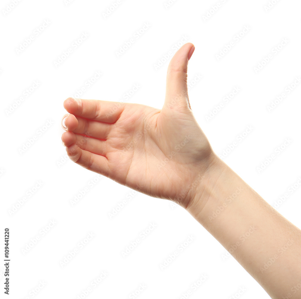 Female hand on white background Female hand on white background